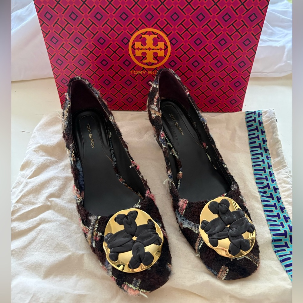 Tory Burch Multicolor Tweed Heels with Gold Logo